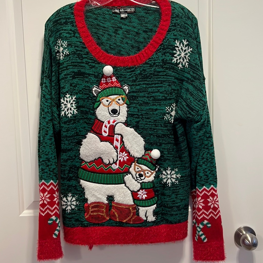 Cute polar bear bling fuzzy textured sweater